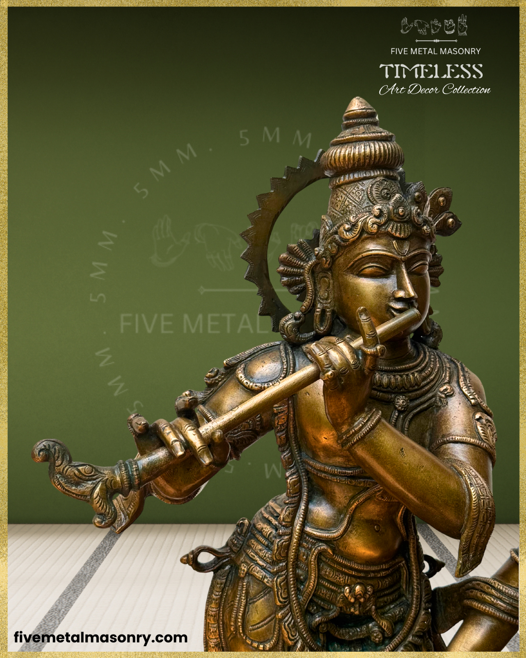 Close-up frontal view of handcrafted Panchaloha bronze Krishna as Venugopala from the Timeless Collection, highlighting the flute-playing hands, facial features, elaborate headdress with peacock-feather motifs, śiras-cakra, jewellery and detailed ornaments.