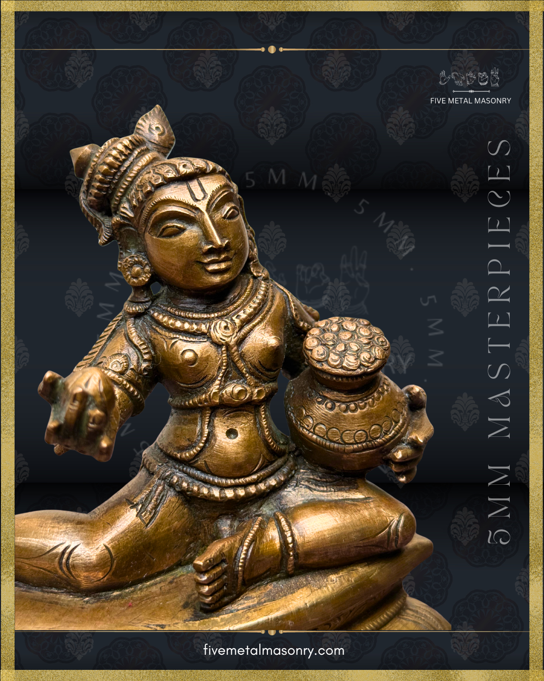Close-up of handcrafted Panchaloha Bala Krishna bronze from the 5MM Masterpieces Collection, holding navanita butter and an ornamented butter pot, with urdhvapundra, peacock-feathered top knot, kundalas, hara, udarabandha and katibandha, crafted according to Silpasastra iconography.