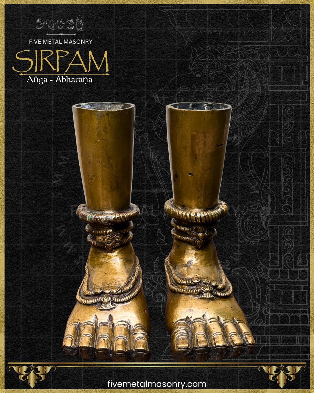Pair of ornate bronze feet on a dark background with 'Five Metal Masonry' branding.