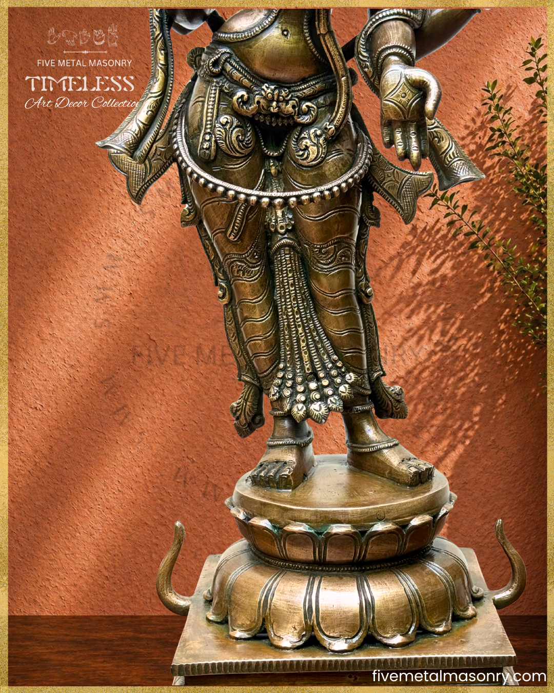 Close-up of Lakshmi panchaloha bronze showing lower body, feet, lotus pedestal and intricate ornamentation details