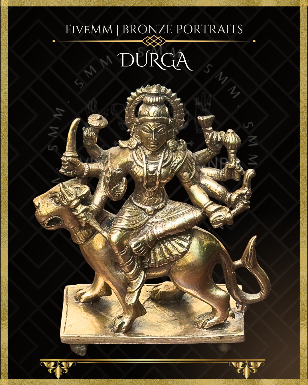 Top angle view of Handcrafted Durga Panchaloha bronze seated in lalitasana on her simha vahana, eight-armed with cakra, khadga, sula, padma, gada, dhanus and sankha, with abhaya mudra, crafted in the South Indian silpa-sastra and traditional iconographic tradition.