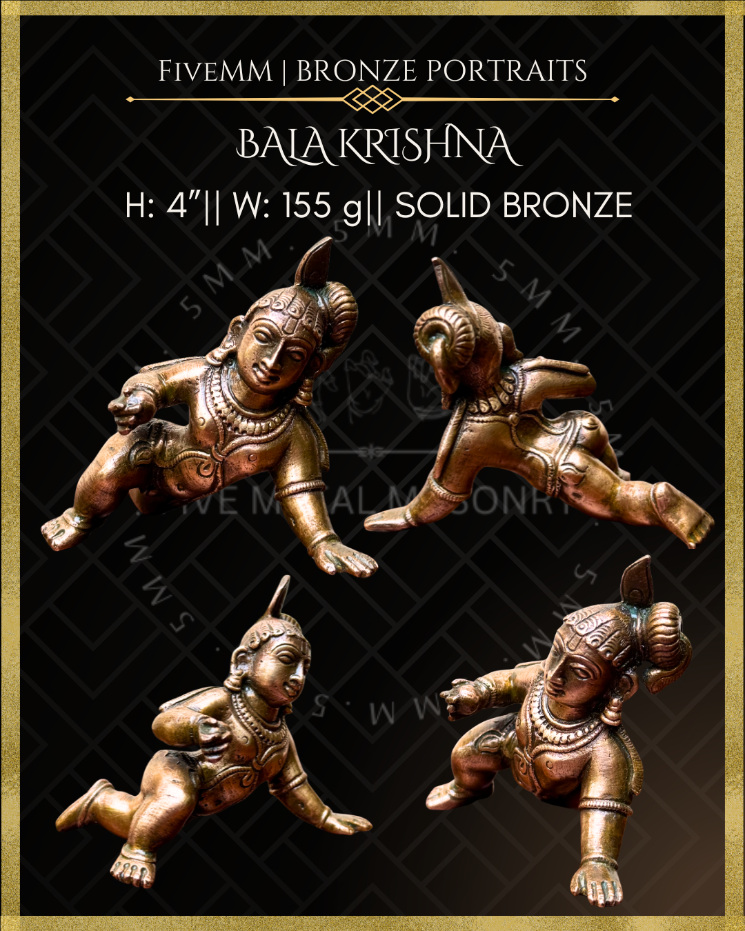 Product dimensions of Bala Krishna handcrafted Panchaloha bronze statue in crawling pose, detailed South Indian iconography