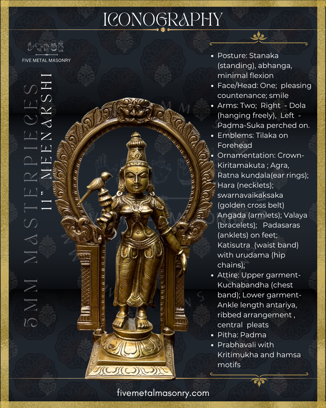 Panchaloha Bronze statue of Meenakshi with detailed iconography on a dark background