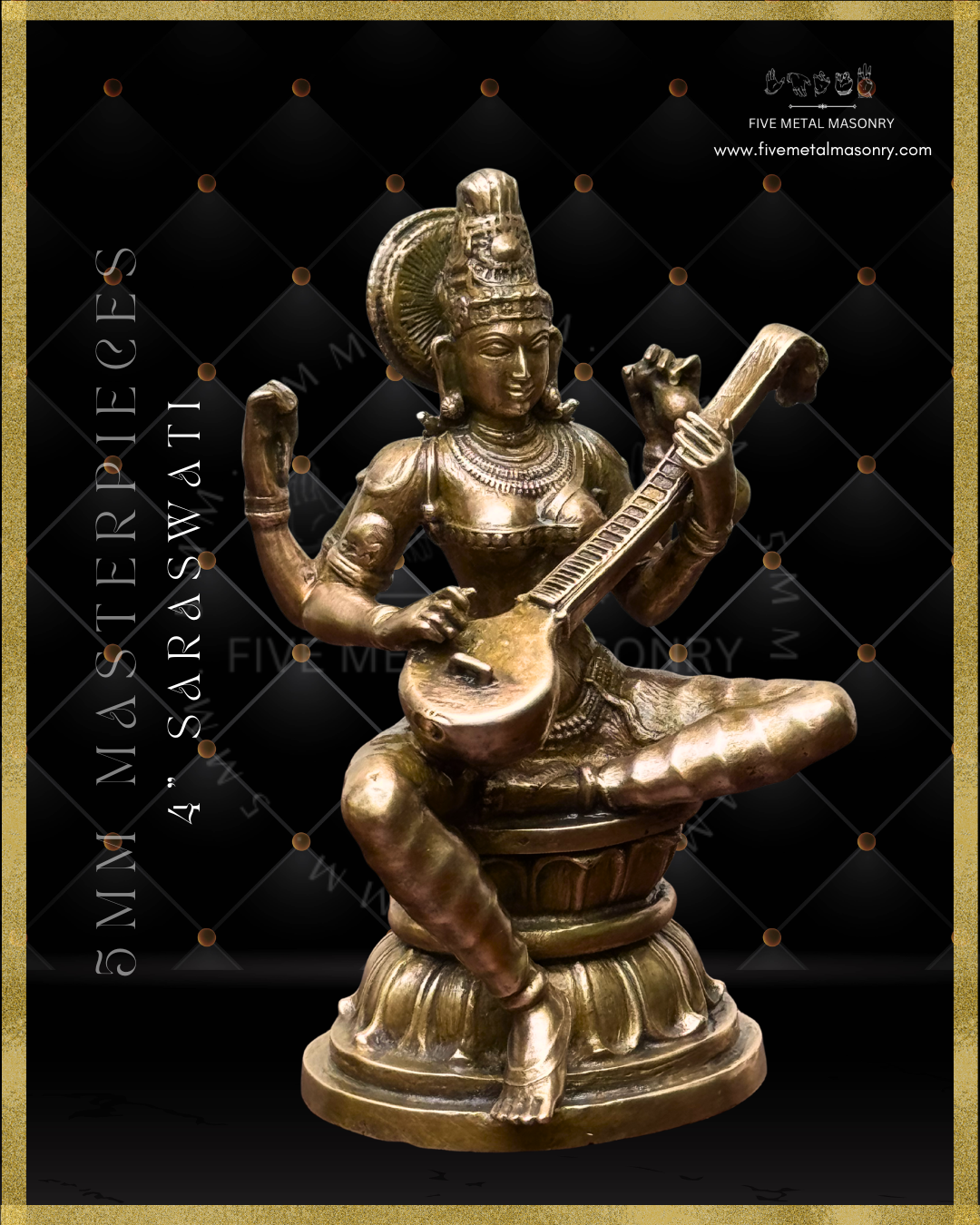 Right profile view of panchaloha bronze seated Saraswati icon from the Masterpieces collection, four armed and holding the veena across the torso in the lower hands, with upper hands holding aksamala and kamandalu, featuring jata makuta, siraschakra, layered ornamentation and lotus pedestal in South Indian iconographic style.