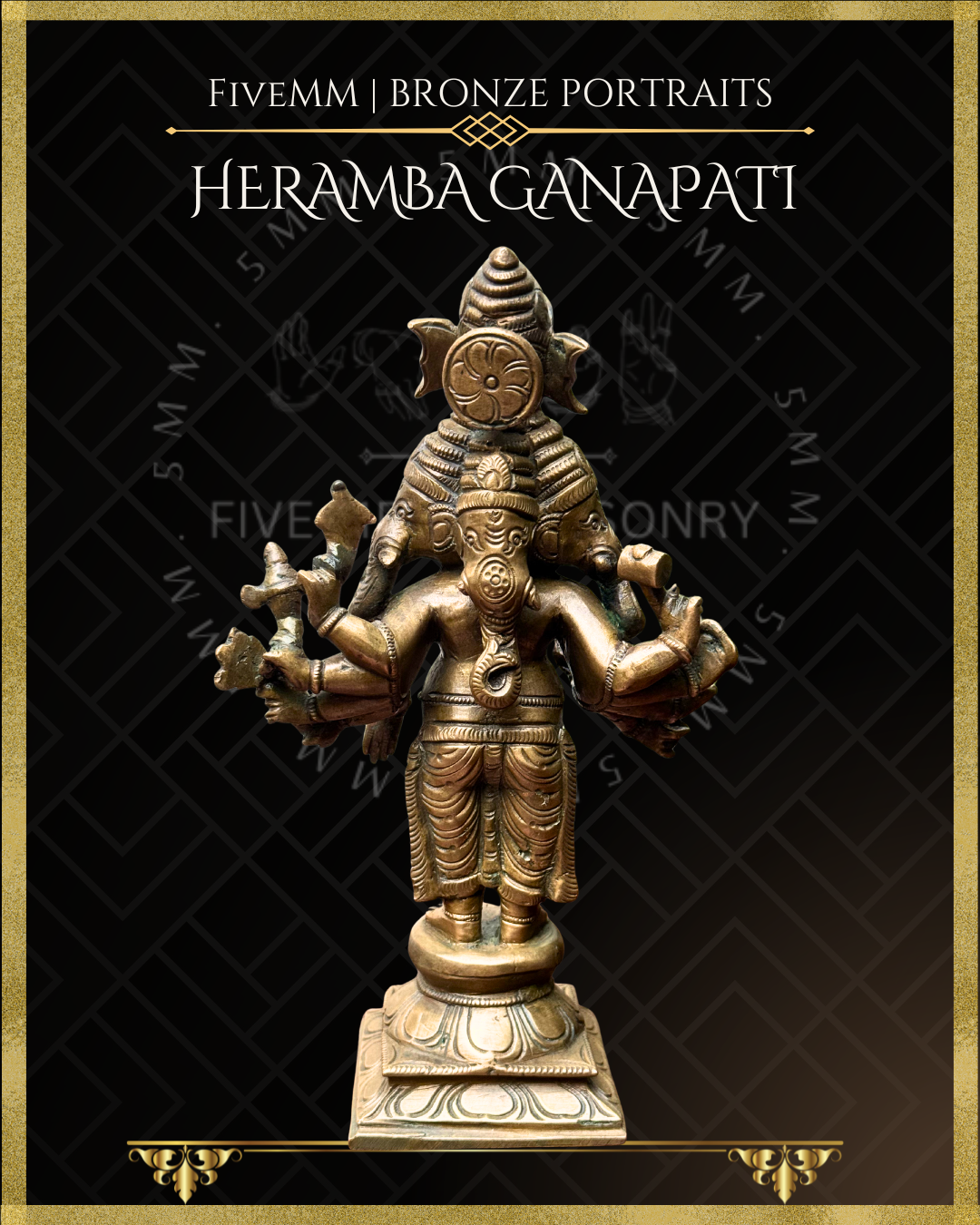 Heramba Ganapati Panchaloha Bronze statue – per Shilpa Sastra iconography, handcrafted by lost wax casting – rear view
