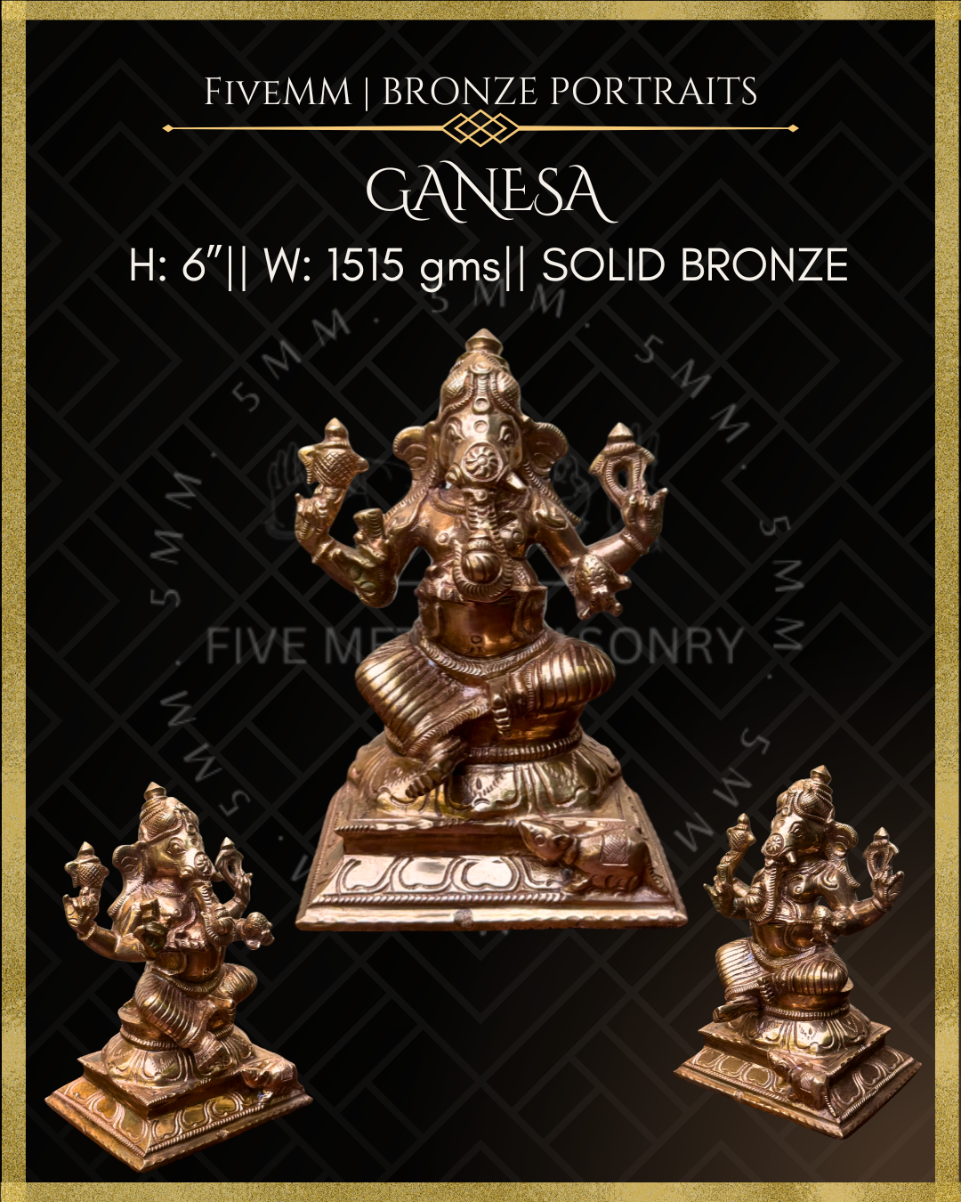 Dimensions of handcrafted Panchaloha bronze Ganesha, silpa-sastra aligned and rooted in the South Indian iconographic tradition.