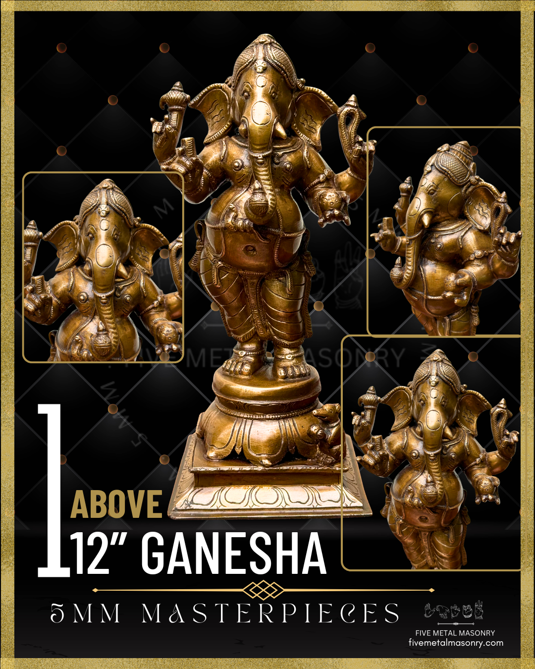 Handcrafted Panchaloha bronze standing Ganesha from the Masterpieces collection, depicted with four arms holding traditional attributes, long central trunk, detailed ornaments and drapery, standing on a lotus pedestal with musika at his feet.