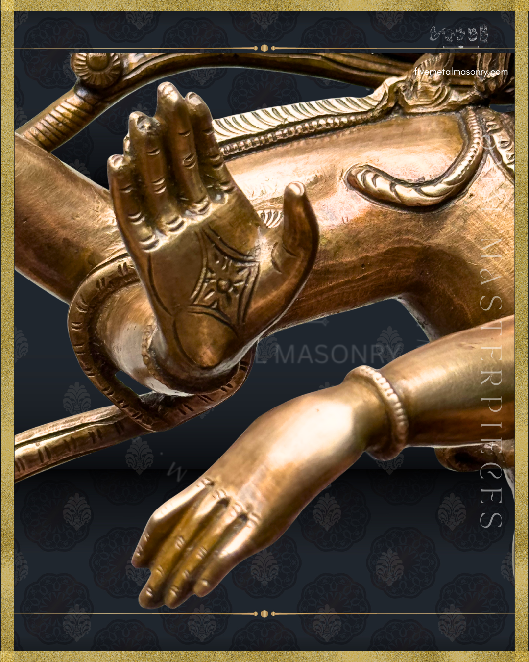 Close-up of a Panchaloha bronze Nataraja icon from the 5MM Masterpieces collection, highlighting the abhaya hasta, gaja hasta, serpent ornament, and refined sculptural detailing in the South Indian iconographic tradition.