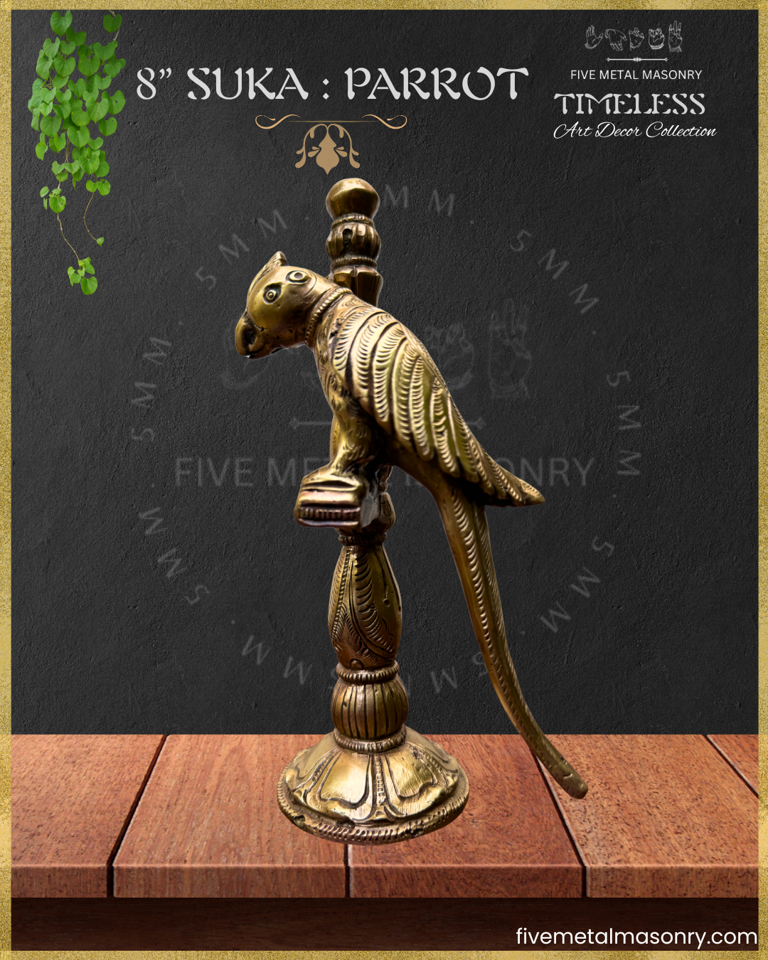 Bronze parrot perched on a pillar sculpture with a dark background