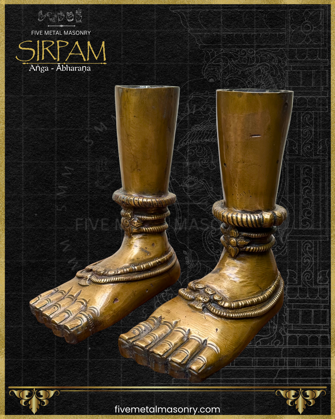Bronze feet sculpture with intricate details on a black background, featuring the brand 'Five Metal Masonry'.