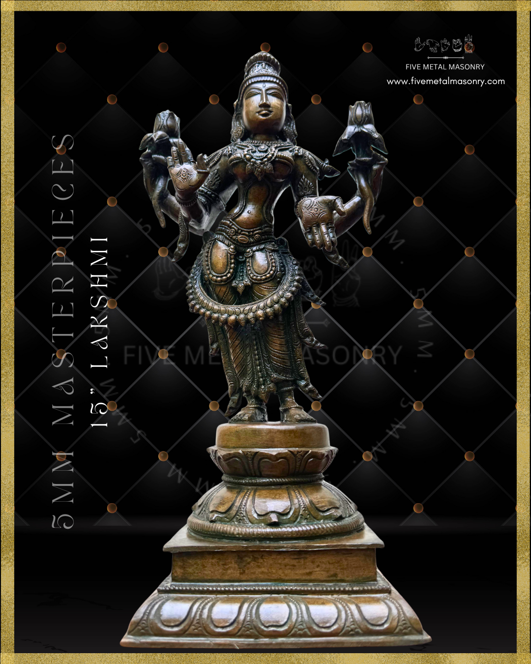 Lakshmi Standing Panchaloha Bronze statue, Masterpieces Collection – Shilpa Sastra iconography, handcrafted lost wax casting – Bottom up angle view