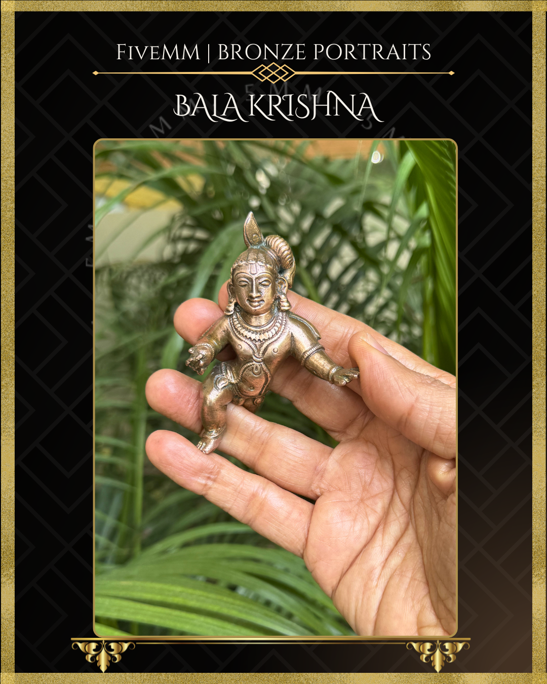 Hand held view of Bala Krishna handcrafted Panchaloha bronze statue in crawling pose, detailed South Indian iconography, traditional ornaments, topknot hairstyle