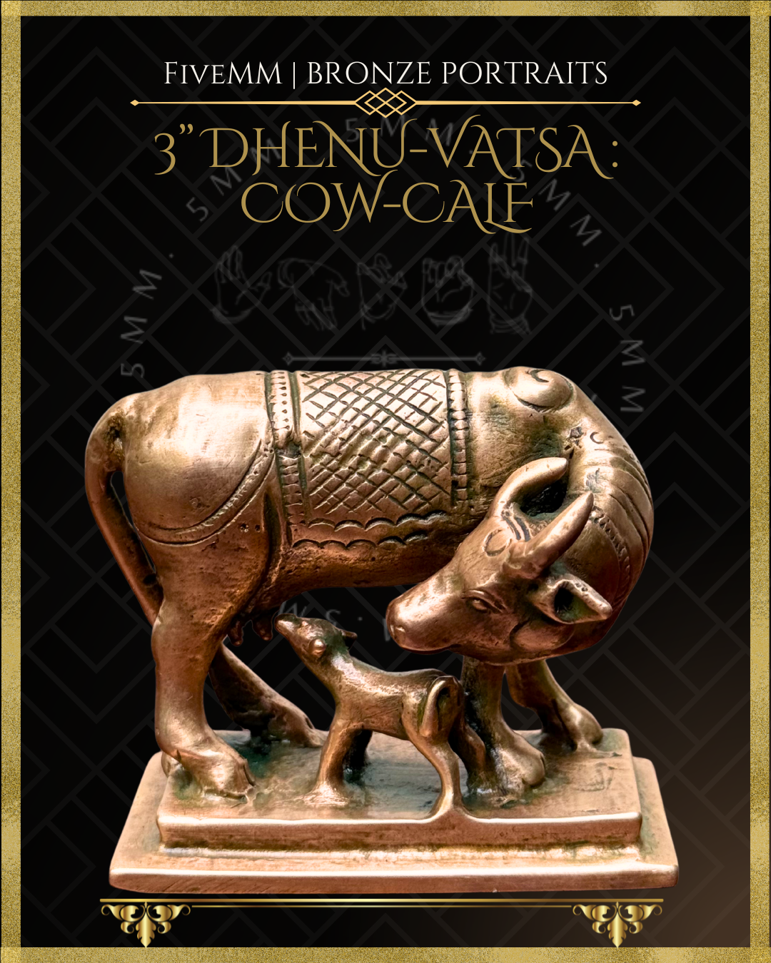 Bronze sculpture of a cow and calf on a black background with gold text.