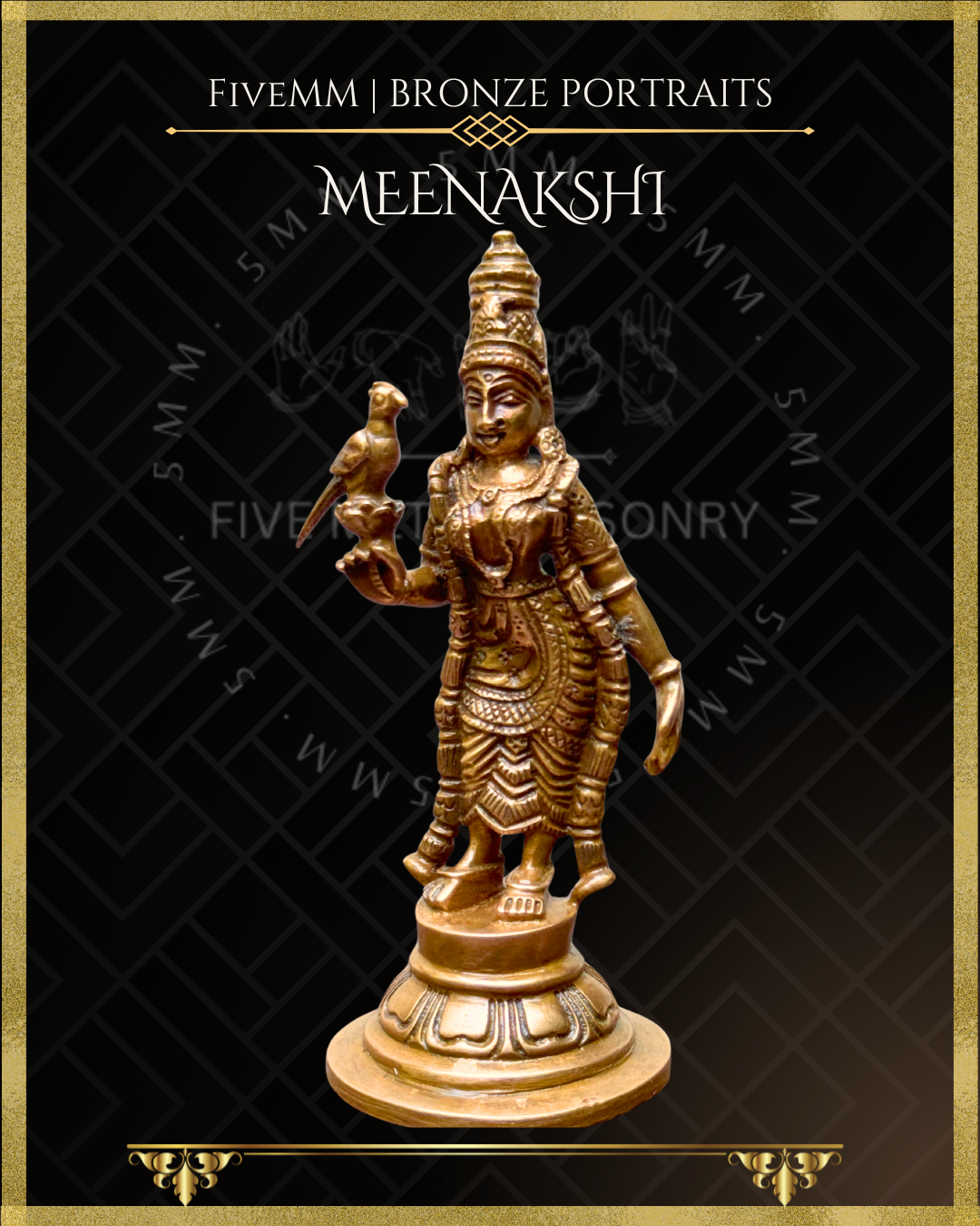 Bronze statue of Parvati as Meenakshi with a bird on a black background with 'Fivemm' branding.