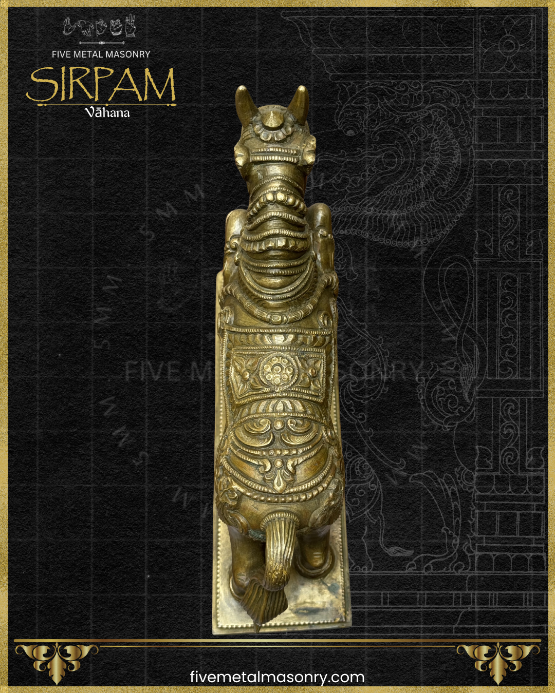Decorative bronze horse with intricate design on a black background, featuring the brand 'Five Metal Masonry'.