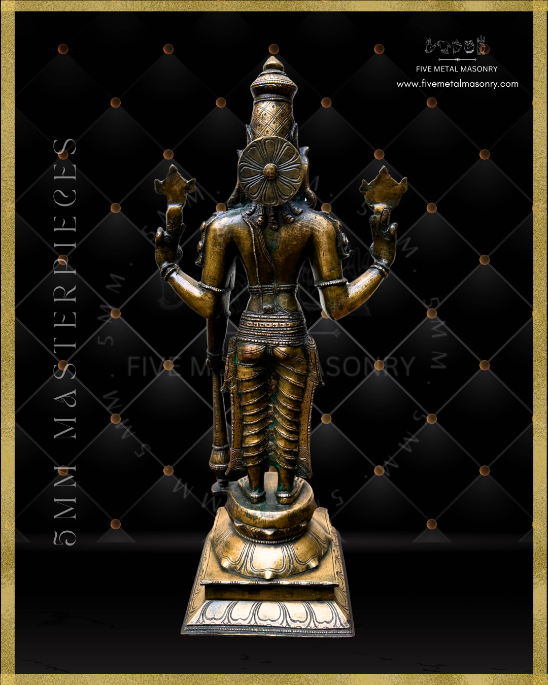 Rear view of handcrafted Vishnu Panchaloha bronze statue, showing the four-armed form, kirita-makuta, siraschakra, cakra and sankha, detailed ornaments and drapery, crafted in the South Indian silpa-sastra and iconographic tradition.
