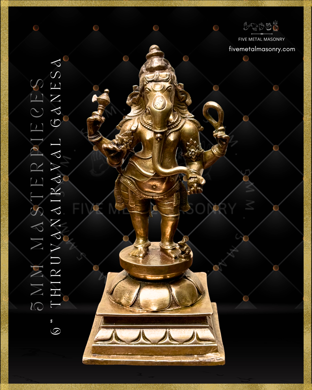Panchaloha bronze standing Ganesha icon from the Masterpieces collection holding goad and noose, with elongated trunk, karanda makuta, lotus pedestal and mouse vahana in South Indian bronze style.