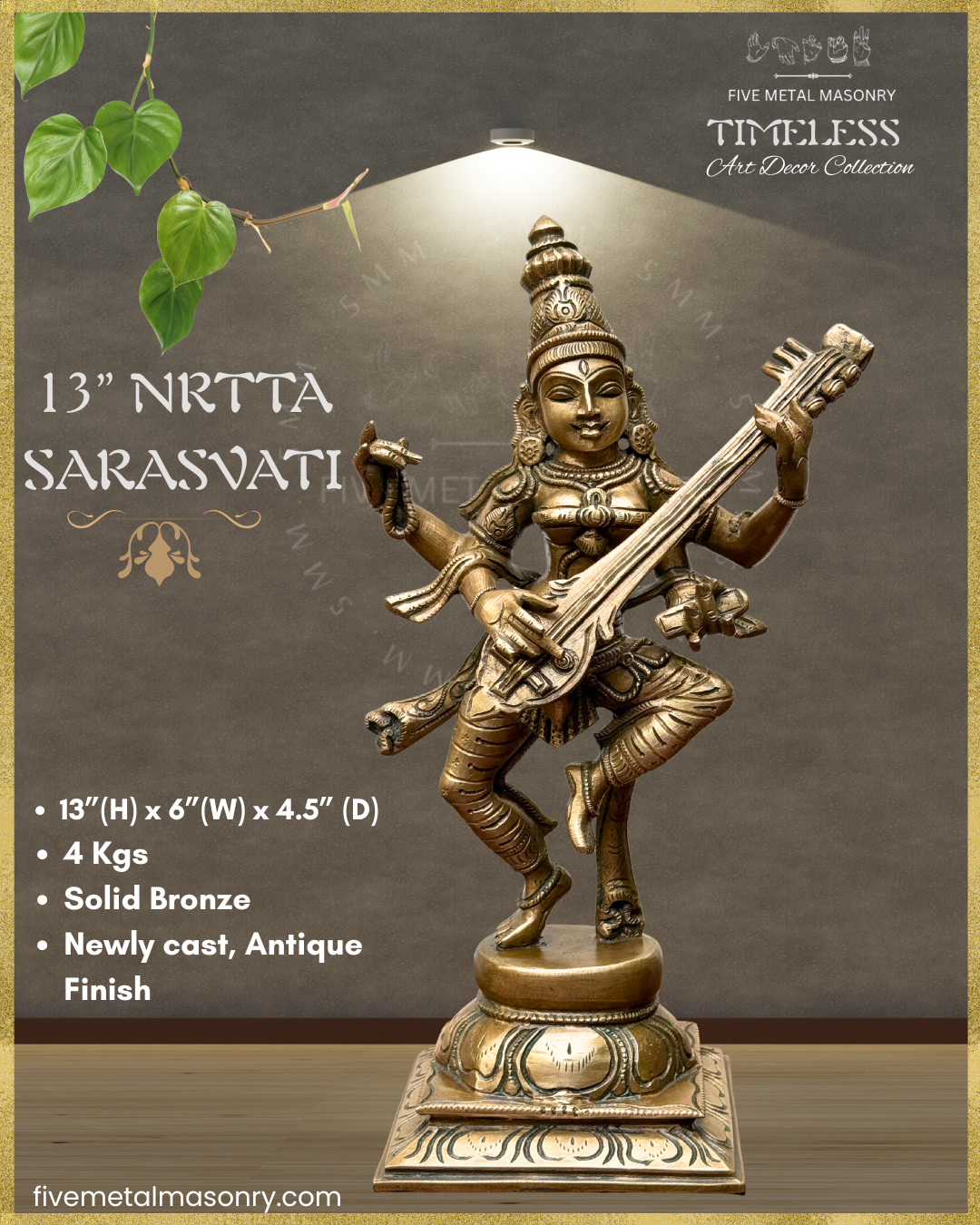 Bronze statue of Sarasvati with product details on a dark background