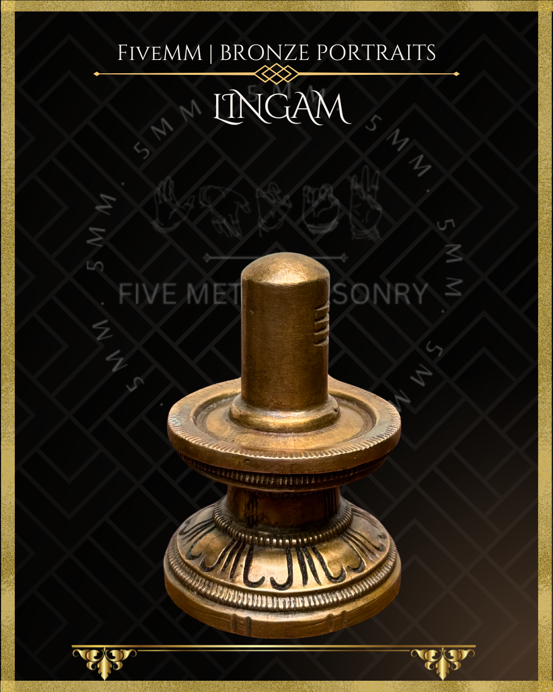 Panchaloha Bronze Lingam sculpture with 'Five Metal Masonry' branding on a black background