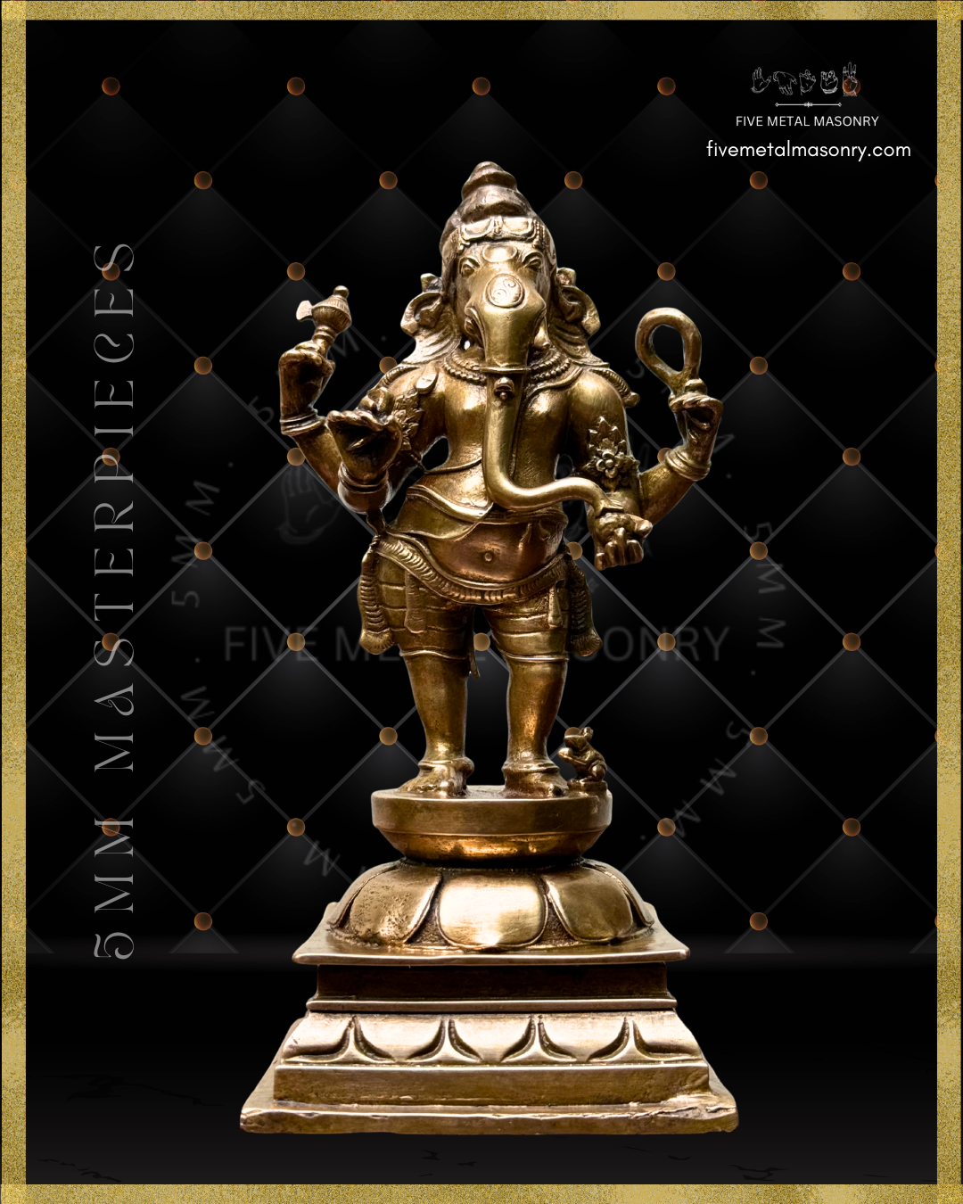 Projected profile view of standing Ganesha panchaloha bronze icon holding goad and noose, with elongated trunk, karanda makuta, lotus pedestal and mouse vahana from the Masterpieces collection.