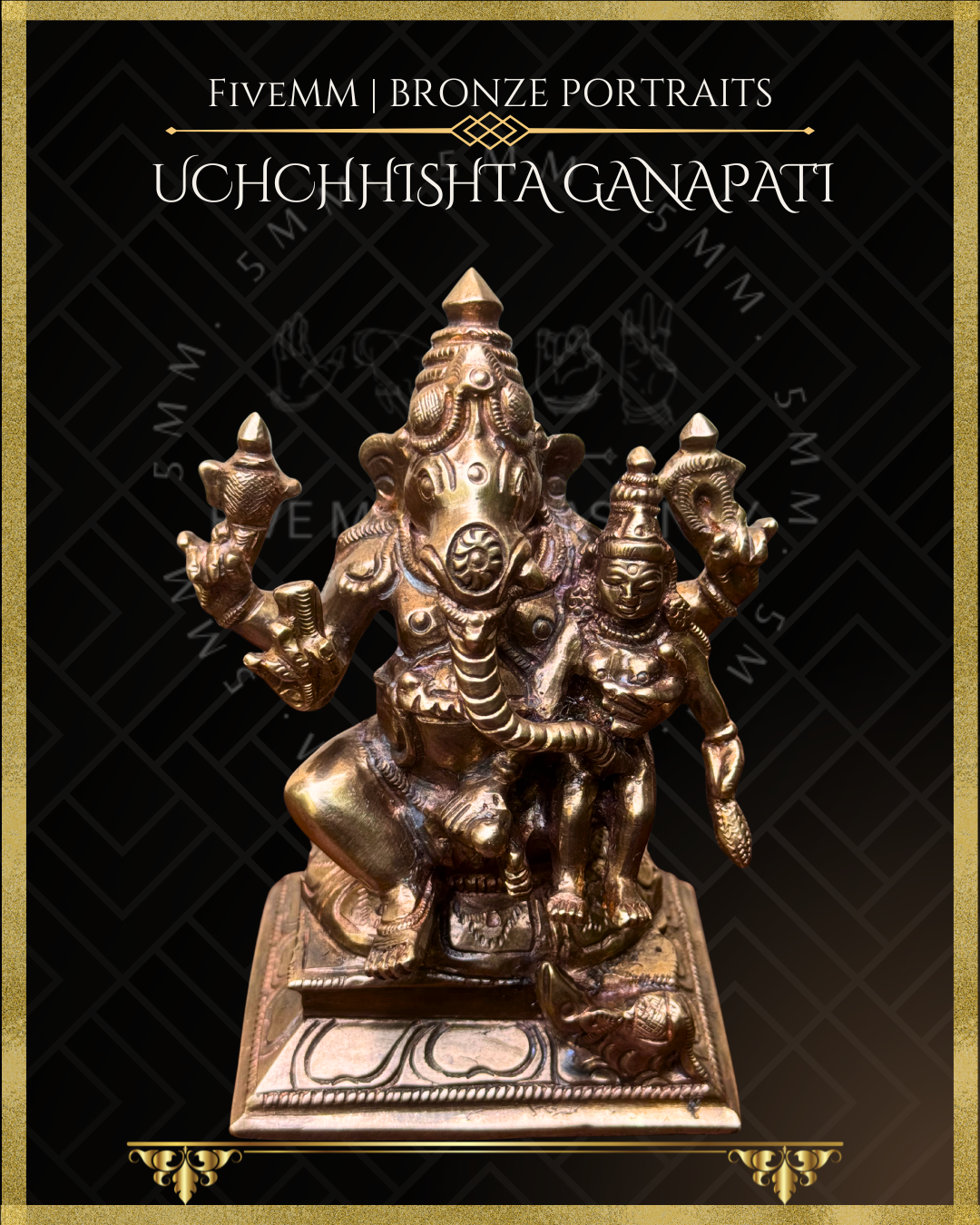 Top angle view of Handcrafted Panchaloha bronze Uchchhishta Ganapati, silpa-sastra aligned and rooted in the South Indian iconographic tradition, depicted seated with Devi on his lap, multiple arms bearing attributes, detailed ornaments and musika vahana at the pedestal.
