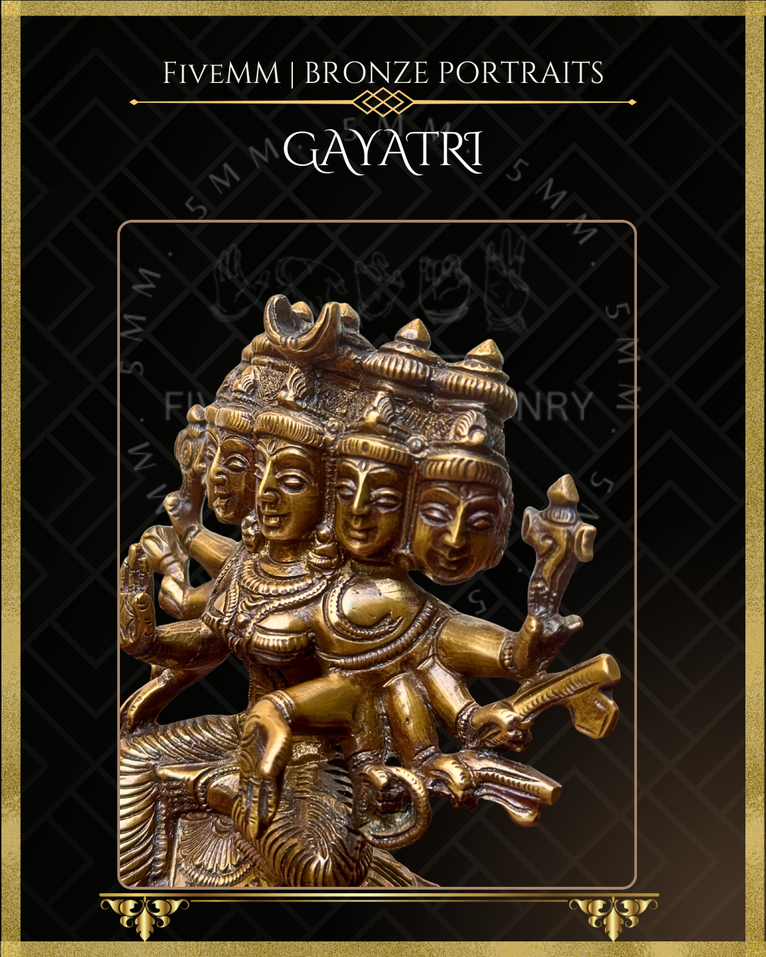 Left close-up view of Handcrafted Panchaloha bronze of five-headed, ten-armed Gayatri Devi seated in lalitasana on a padma pitha, holding multiple ayudhas and attributes, following silpa-sastra and traditional iconographic tradition.