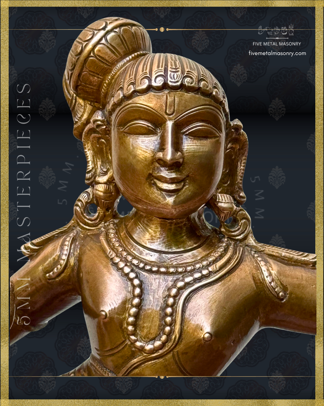 Close-up of handcrafted Panchaloha bronze Kaliya Tandava Krishna from our Masterpieces Collection, showing Krishna’s facial features, Vaishnava tilaka, detailed kesa-bandha, makara-kundalas and layered necklaces, aligned with Silpa Sastra principles and South Indian iconographic tradition.