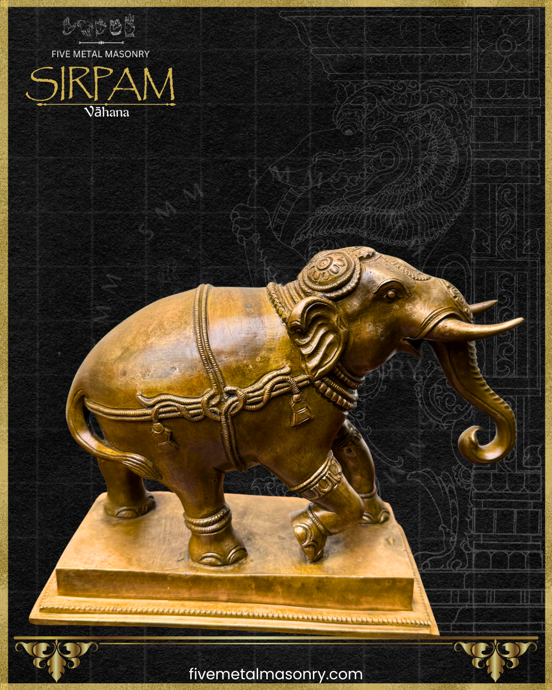 Decorative bronze elephant statue on a black background with 'Five Metal Masonry' branding.