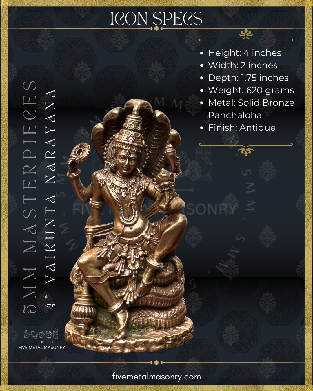 Product dimensions of Vaikunta Narayana panchaloha bronze icon seated on Adisesha with multi-hooded serpent canopy, four-armed Vishnu with shankha and chakra, Masterpieces collection