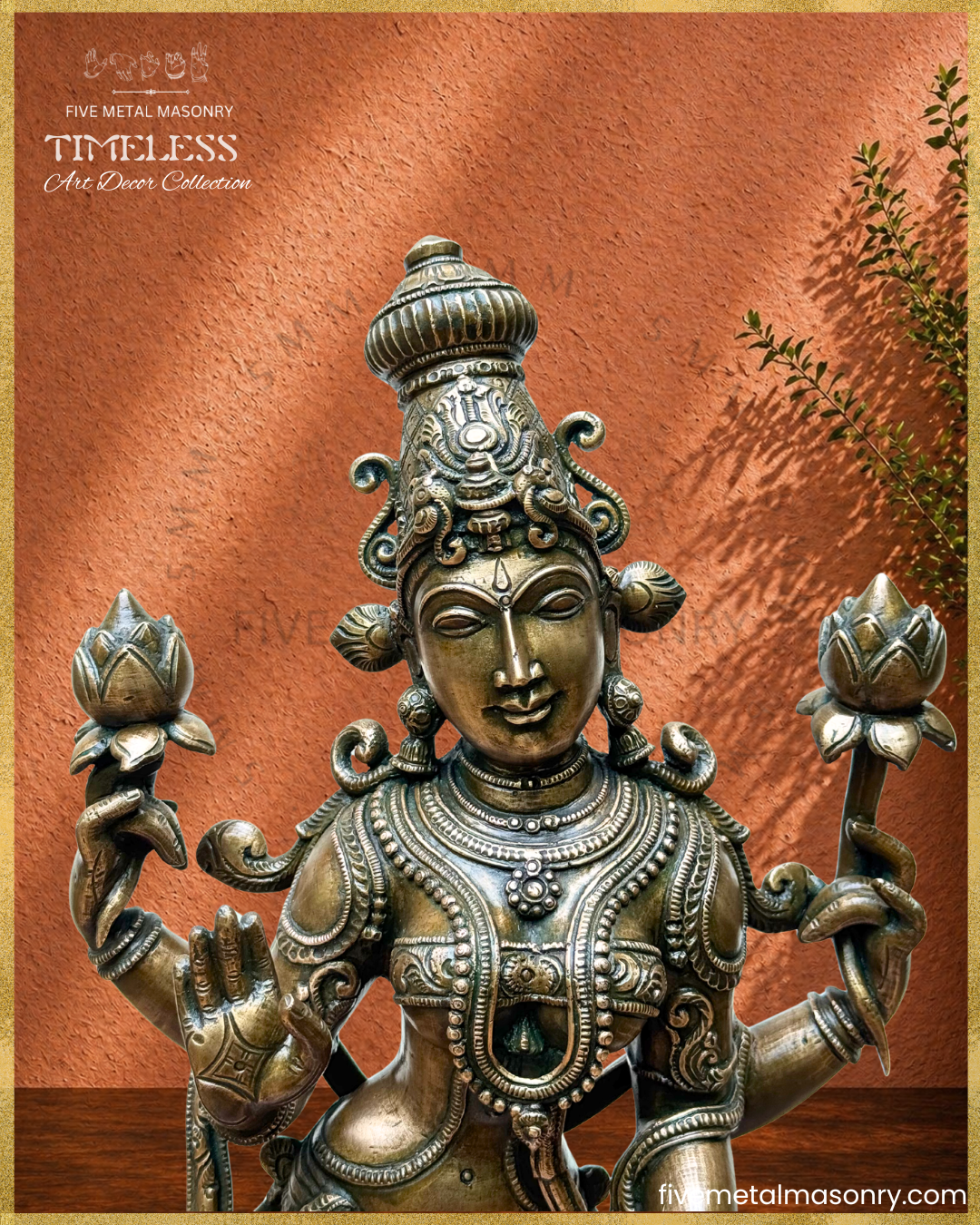 Close-up of Lakshmi panchaloha bronze showing face, crown and necklace details