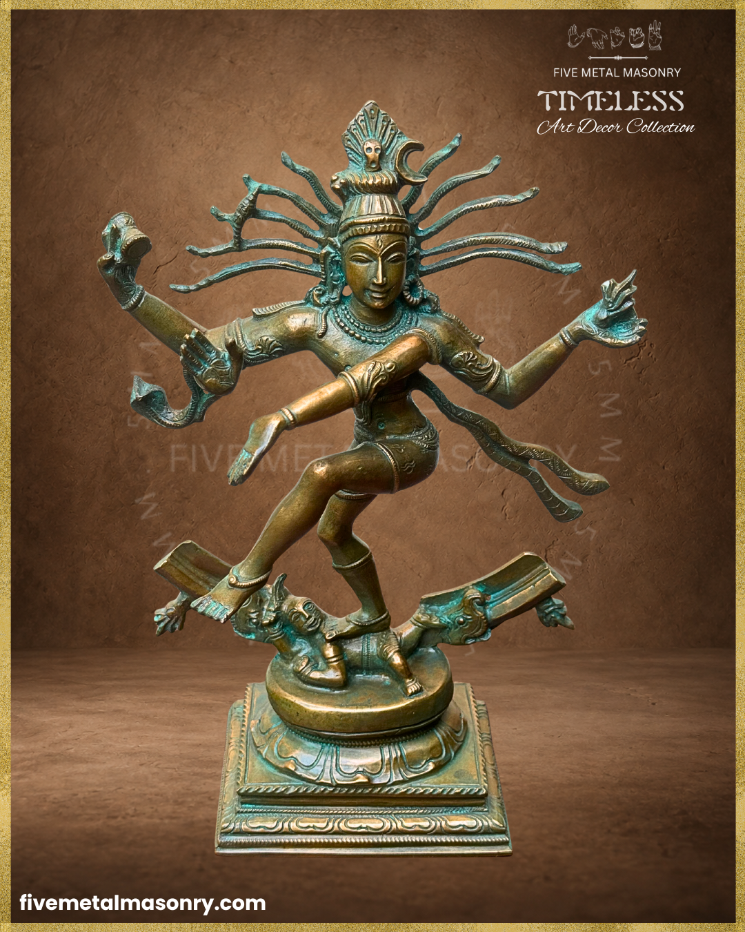 Top angle view of Thiruvalangadu style handcrafted Nataraja Panchaloha bronze from the Timeless collection, shown in ananda-tandava with an unfinished prabhamandala, flowing jatas and Apasmara beneath the feet.