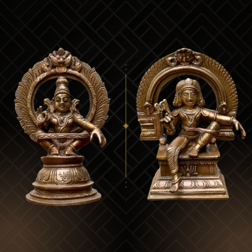 Handcrafted Panchaloha bronze Ayyanar Ula, depicting Ayyanar seated in utkutikasana on an ornamented elephant, with a mahout behind and a cluster of bananas held in the elephant’s trunk, from the Stories in Bronze Collection, aligned with silpa-sastra and South Indian iconographic tradition.