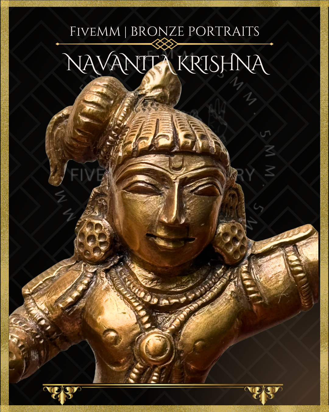 Extreme close-up of handcrafted Panchaloha Navanita Krishna bronze icon, highlighting Bala Krishna’s serene facial features, Vaishnava urdhvapundra , elaborate coiffure, large kundalas and finely detailed traditional Silpasastra craftsmanship