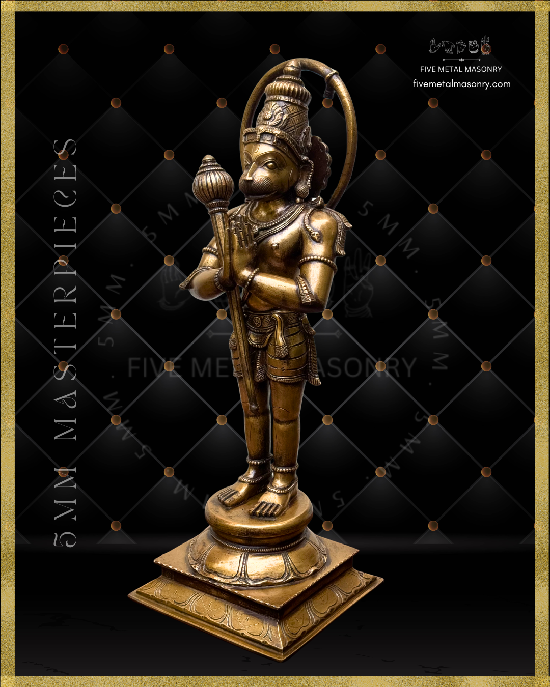 Bronze statue of Hanuman on a black background with 'Five Metal Masonry' branding.
