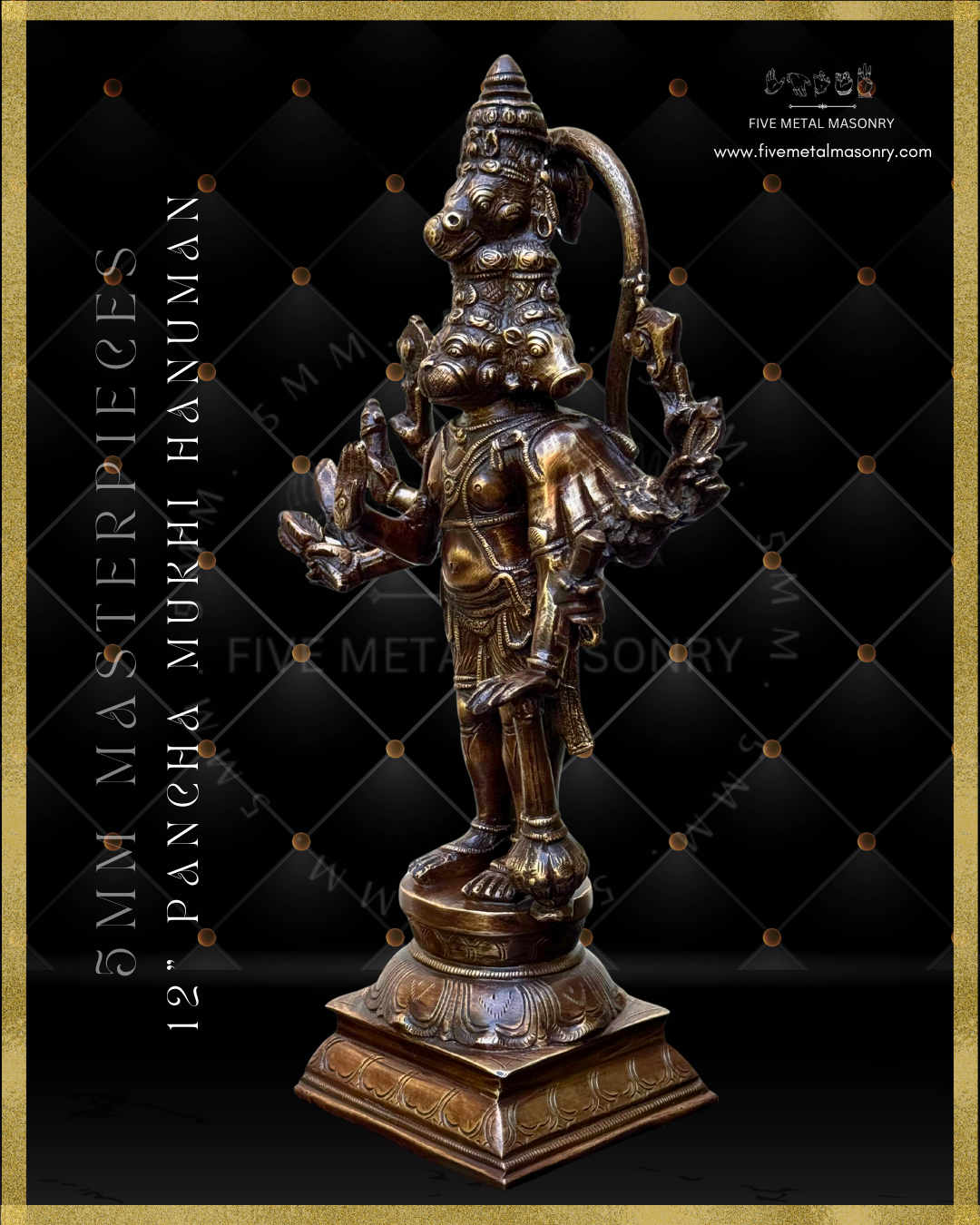 Panch Mukhi Hanuman Panchaloha Bronze statue -  Masterpieces Collection - Iconography per Shilpa Sastra, handcrafted lost wax casting – Left facing view
