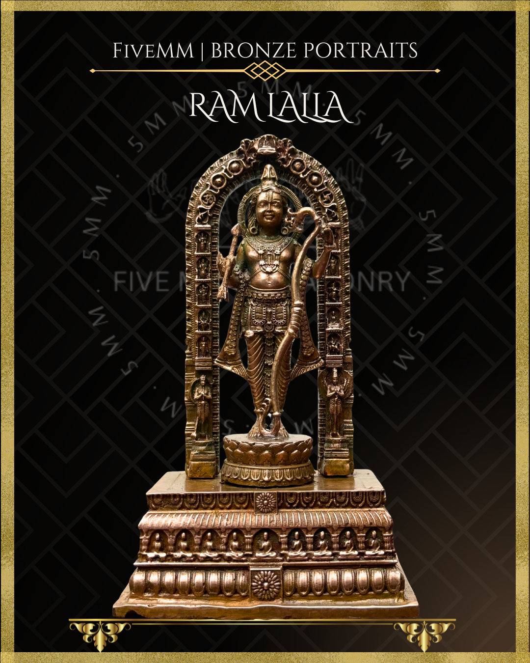 Projected view of handcrafted Panchaloha bronze icon of Ram lalla of Ayodhya standing beneath an ornate prabhavali, holding a bow and arrow, adorned with a knotted jata, intricate jewellery, lotus pedestal, and richly detailed adhisthana in the classical Indian iconographic style.