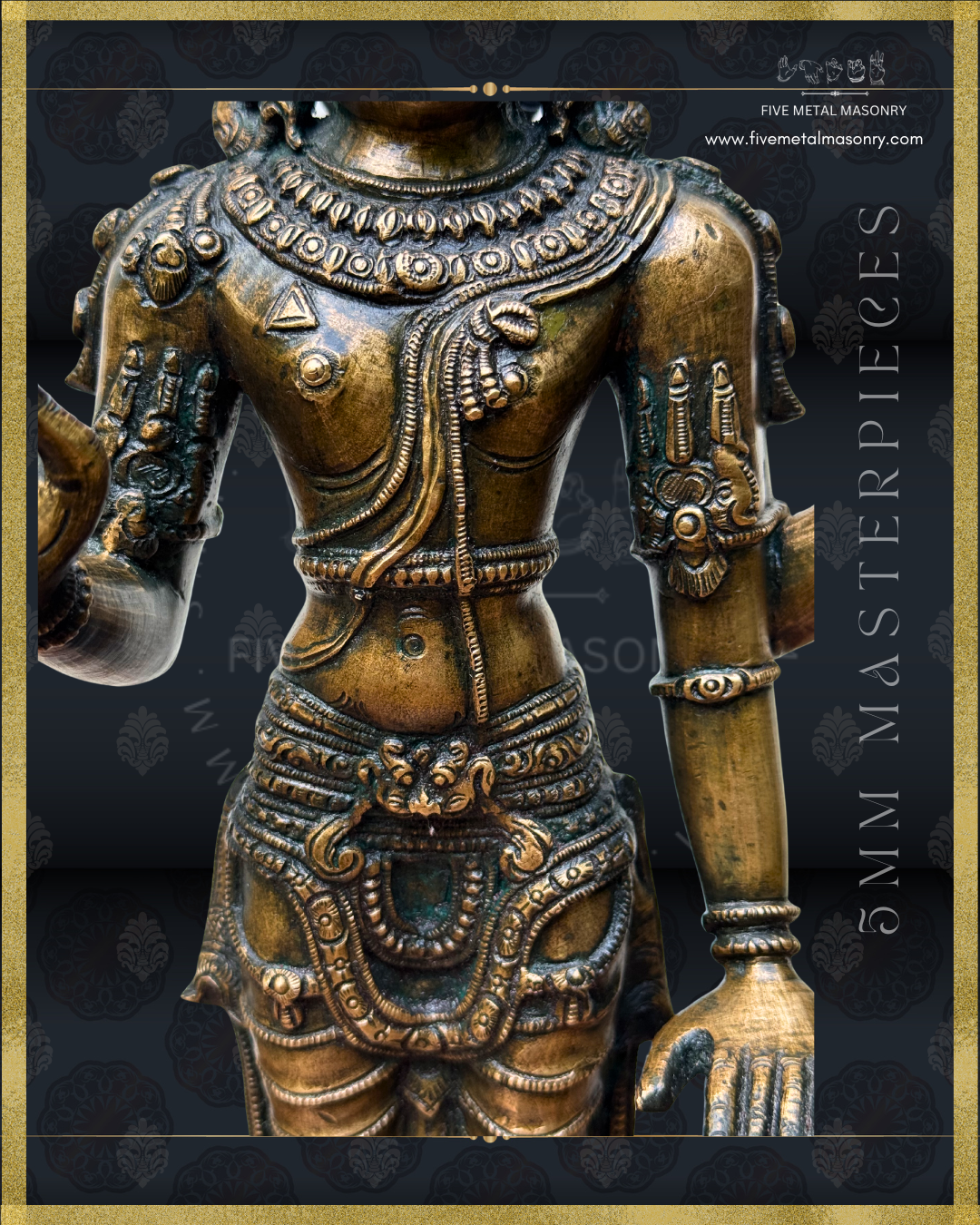 Close-up of handcrafted Vishnu Panchaloha bronze statue, highlighting the layered haras, yajnopavita, arm ornaments, finely detailed kati-bandha, waist ornaments and drapery, crafted with precise South Indian iconographic detailing in the silpa-sastra tradition.