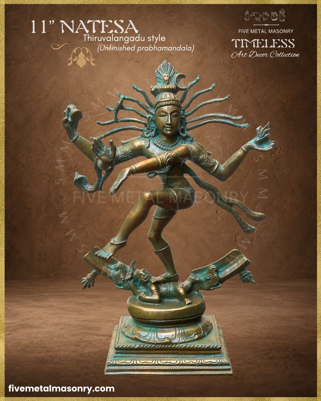 Thiruvalangadu style handcrafted Nataraja Panchaloha bronze from the Timeless collection, shown in ananda-tandava with an unfinished prabhamandala, flowing jatas and Apasmara beneath the feet.