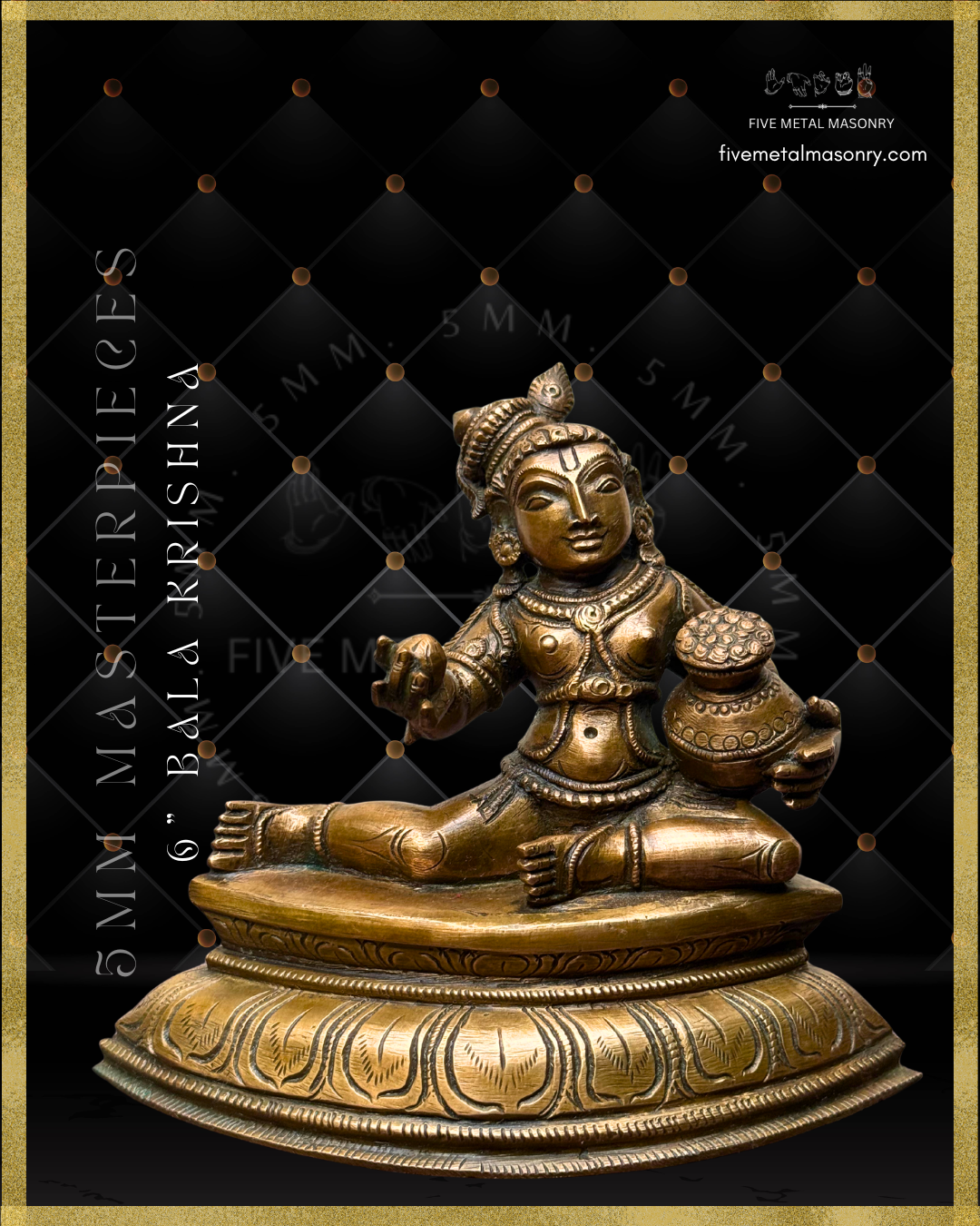 Handcrafted Panchaloha Bala Krishna bronze from the 5MM Masterpieces Collection, seated with one leg extended and the other folded, holding navanita butter beside an ornate butter pot, adorned with traditional ornaments and seated on a detailed padma pitha, crafted according to Silpasastra iconographic principles.