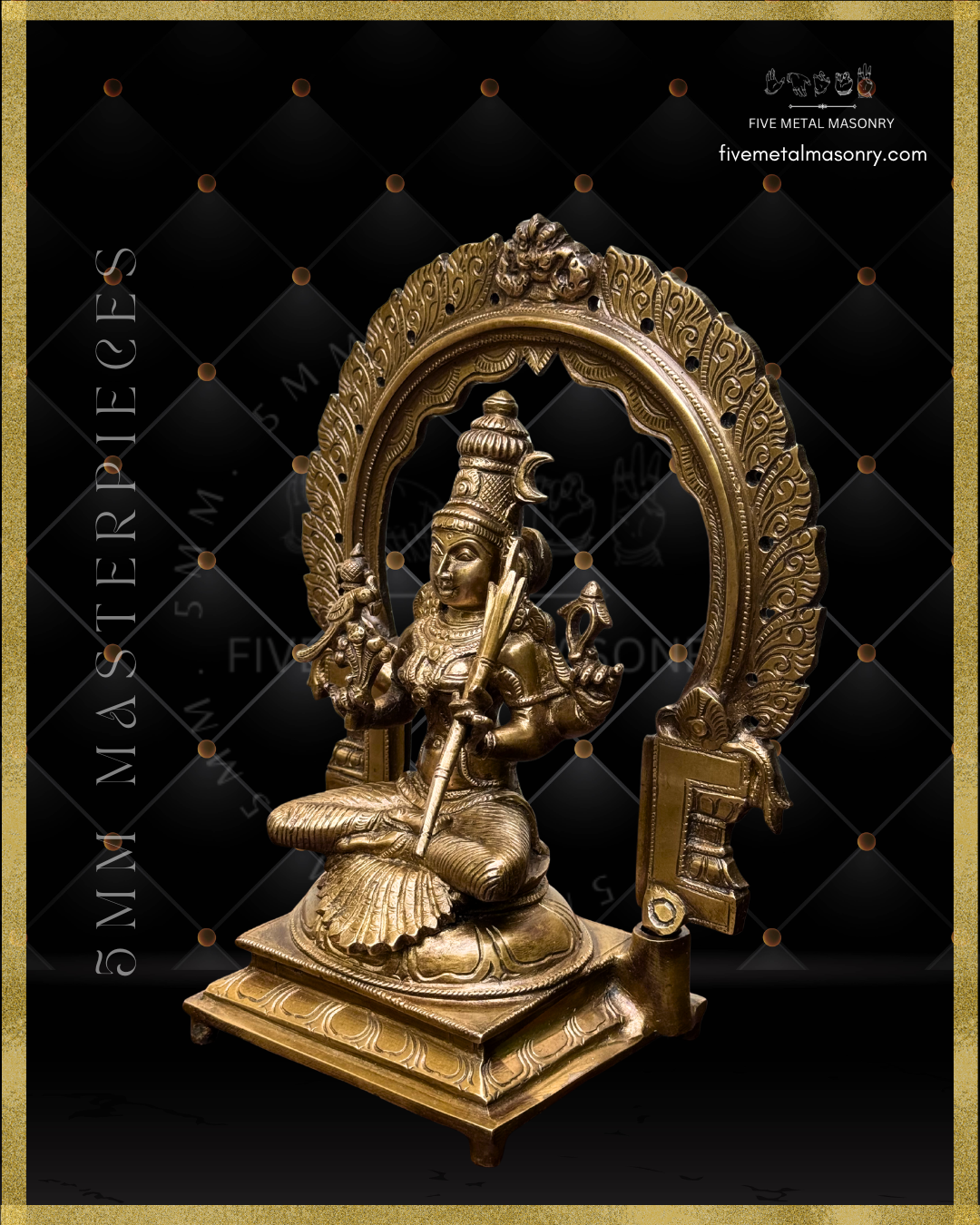 Left profile view of Panchaloha bronze Kamakshi statue seated beneath ornate prabhavali arch, showing four-armed South Indian iconographic form with detailed ornaments and karanda makuta from the Masterpieces collection by Five Metal Masonry.