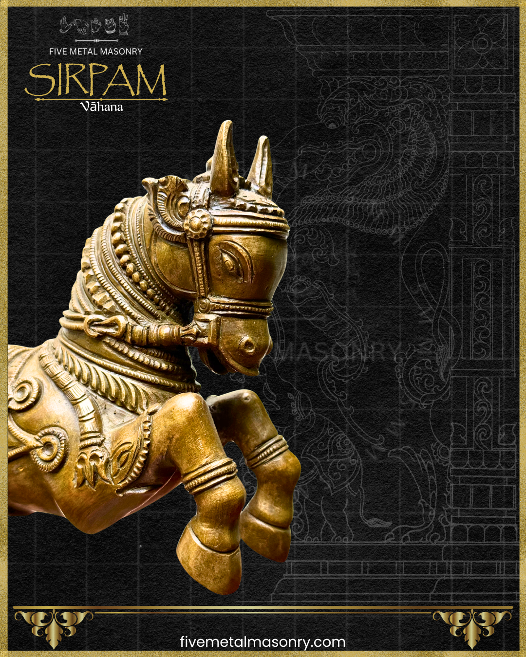 Decorative bronze horse sculpture on a black background with intricate designs and branding.
