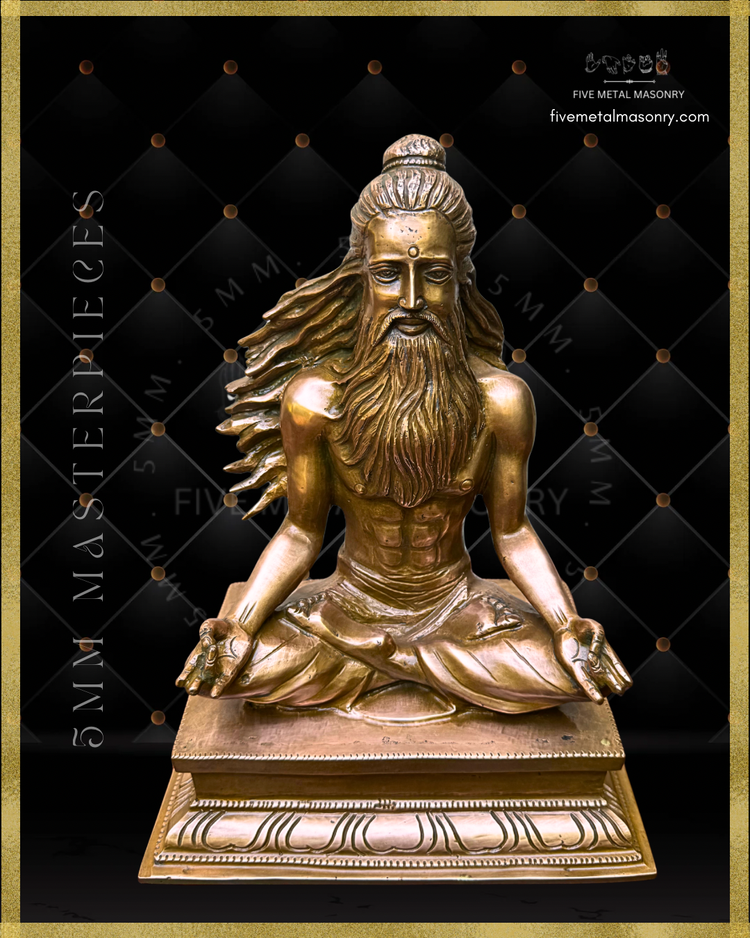 Top angle view of Handcrafted Thirumoolar Saiva saint in Panchaloha bronze, seated in meditation with flowing jata, long beard and tiered pedestal, from the Masterpieces collection.