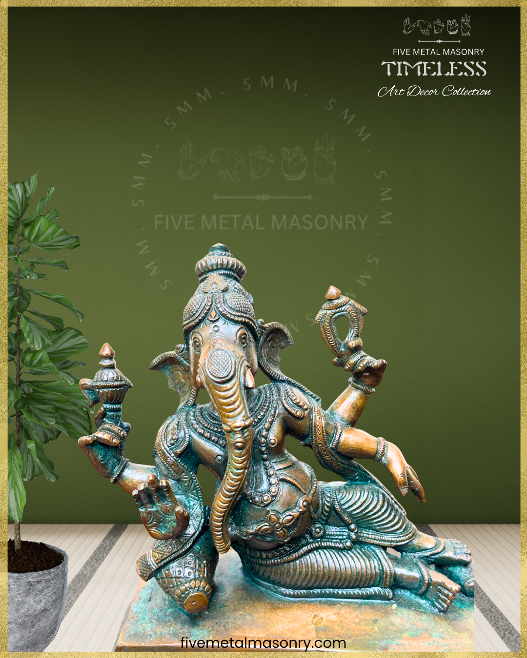 Ganesha reclining Panchaloha Bronze statue – Timeless Collection - Iconography per Shilpa Sastra, Handcrafted lost wax casting – closeup view