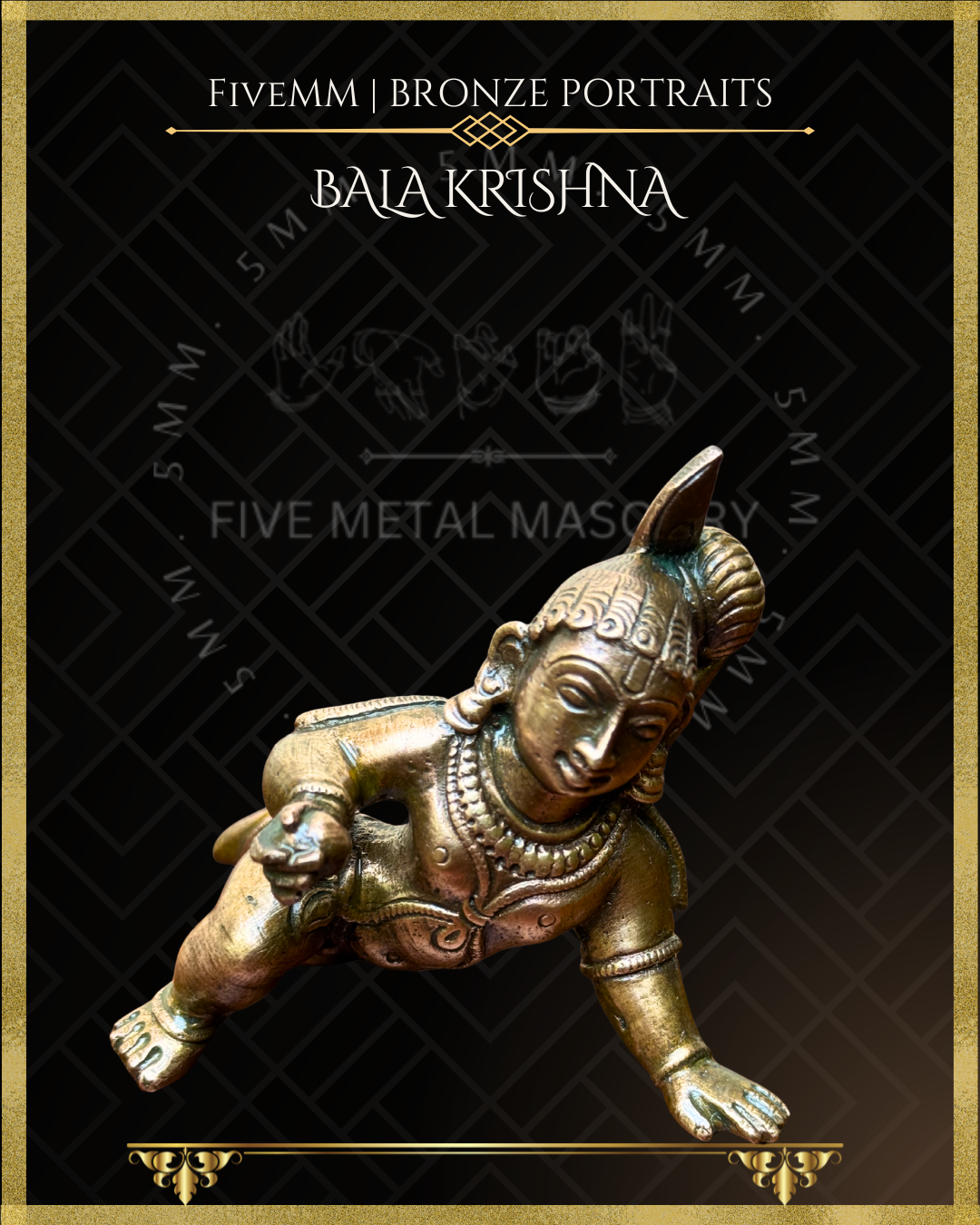Top angle view of Bala Krishna handcrafted Panchaloha bronze statue in crawling pose, detailed South Indian iconography, traditional ornaments, topknot hairstyle