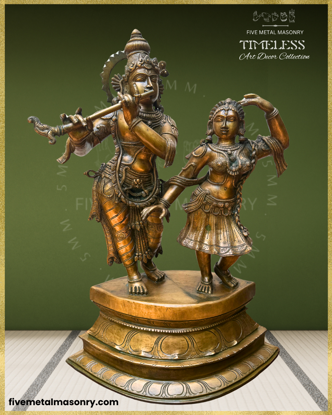 Handcrafted Panchaloha bronze Radha Krishna sculpture from the Timeless Collection, depicting Krishna as Venugopala playing the flute beside Radha, both in rhythmic standing postures with detailed jewellery, garments and ornamented pedestal.