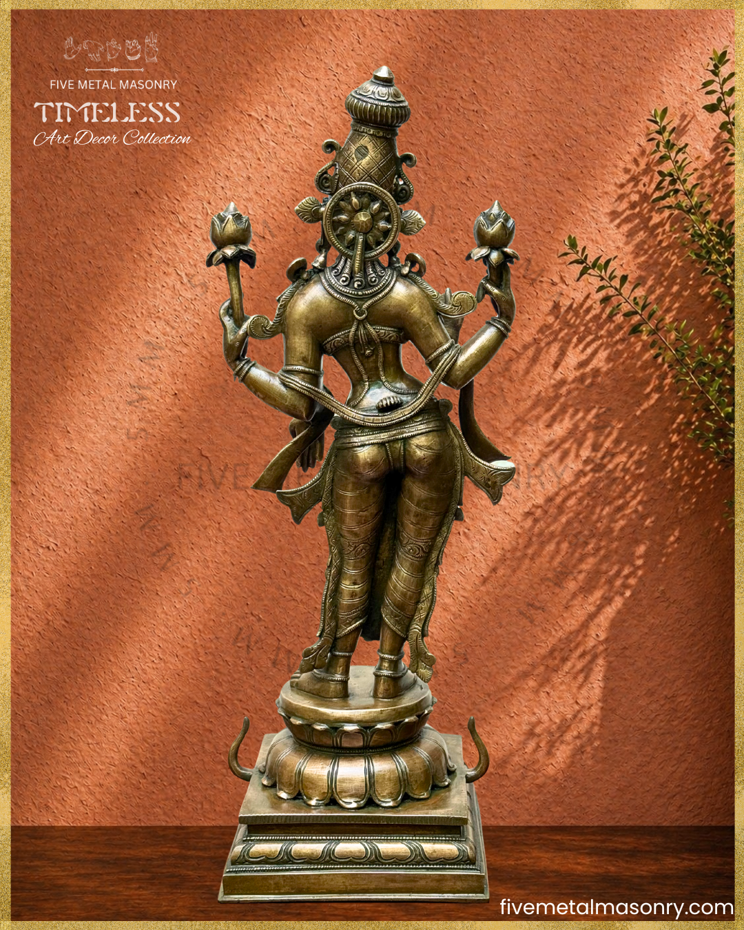 Rear profile view of panchaloha Bronze statue of Lakshmi in standing posture from Timeless collection