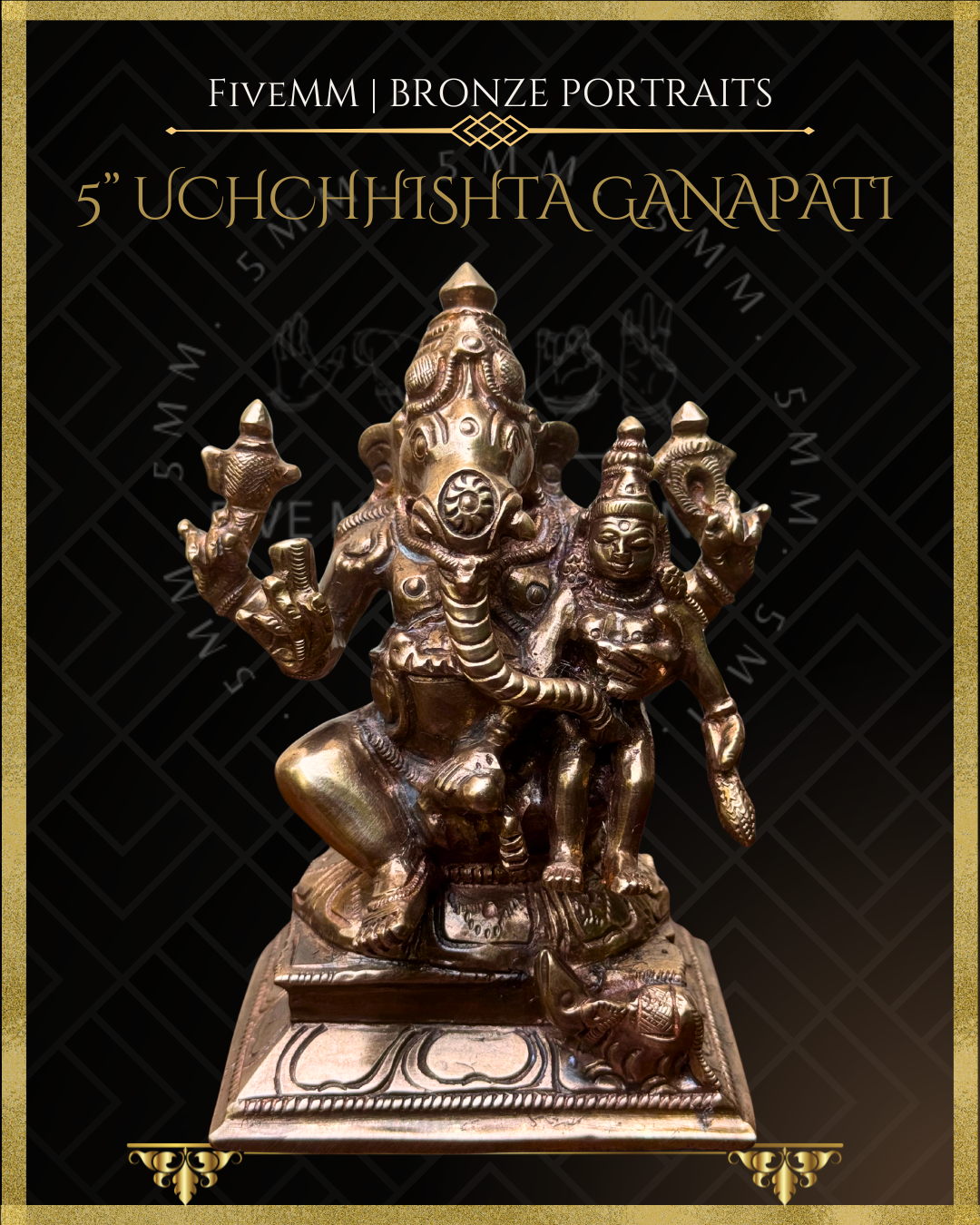 Handcrafted Panchaloha bronze Uchchhishta Ganapati, silpa-sastra aligned and rooted in the South Indian iconographic tradition, depicted seated with Devi on his lap, multiple arms bearing attributes, detailed ornaments and musika vahana at the pedestal.