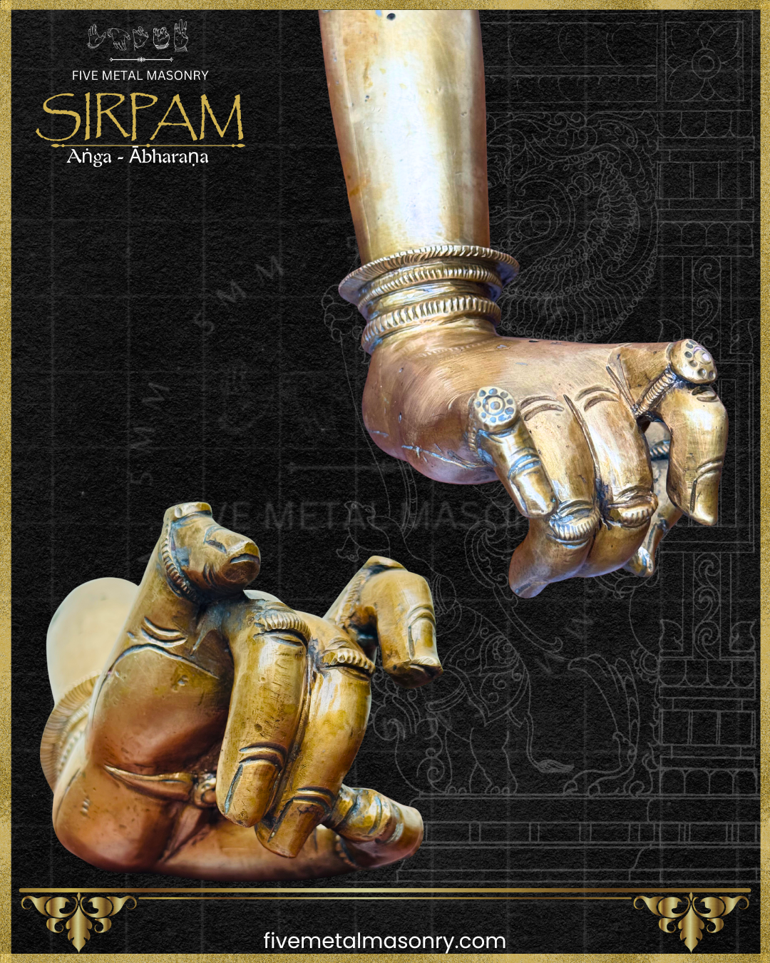 Decorative bronze hand sculptures with intricate jewellery details on a black background, from Five Metal Masonry’s Sirpam collection