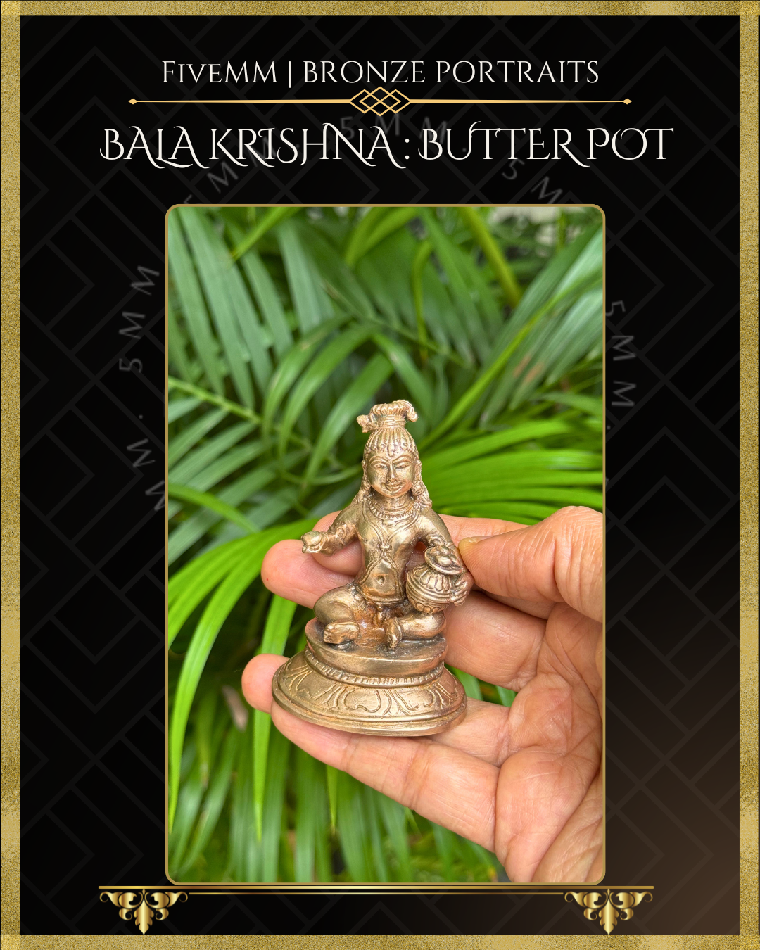 Hand held view of Handcrafted Panchaloha bronze of Bala Krishna seated on a lotus pedestal, holding a ball of butter and a decorated butter pot, crafted according to traditional Shilpasastra iconography.