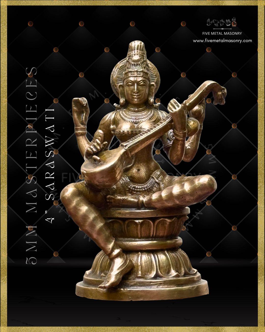 Projection view of panchaloha bronze seated Saraswati icon from the Masterpieces collection, four armed and holding the veena across the torso in the lower hands, with upper hands holding aksamala and kamandalu, featuring jata makuta, siraschakra, layered ornamentation and lotus pedestal in South Indian iconographic style.